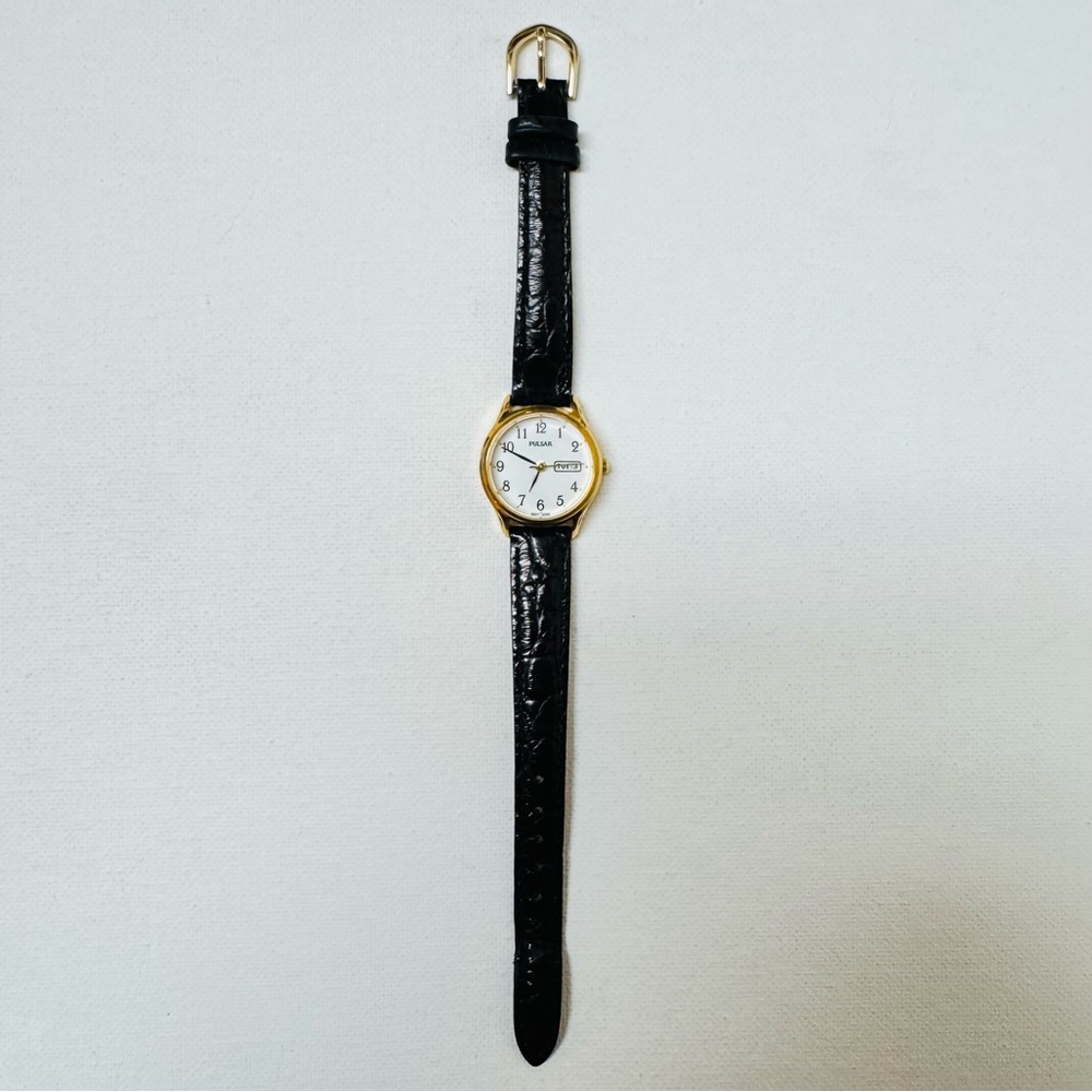 Seiko Pulsar 24mm Women's Day/Date Watch Gold Black Croco Leather VX83-X002 - Picture 9 of 14